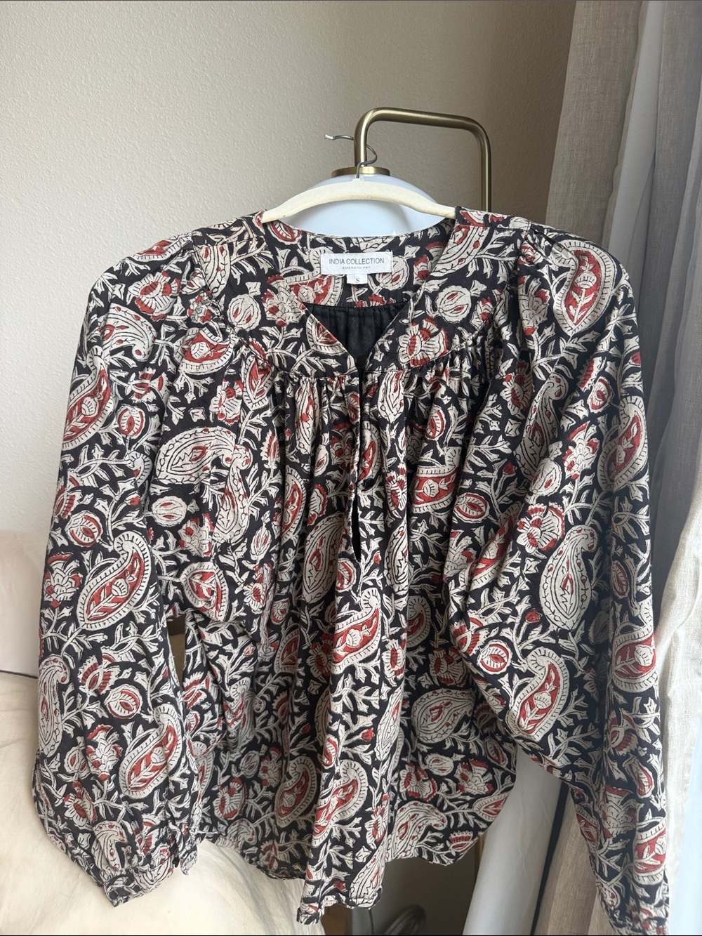 Emerson Fry Black Paisley Peasant Blouse with Red & Taupe accents